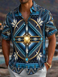 Oceanlyte Men's Vintage Style Feather Motif Print Short Sleeve Shirt with Chest Pocket