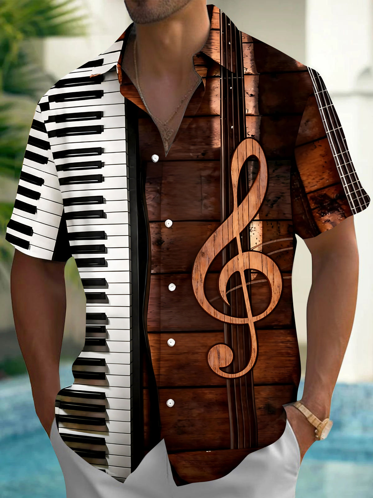Oceanlyte Men's Graphic Piano Keyboard Print Short Sleeve Shirt with Chest Pocket