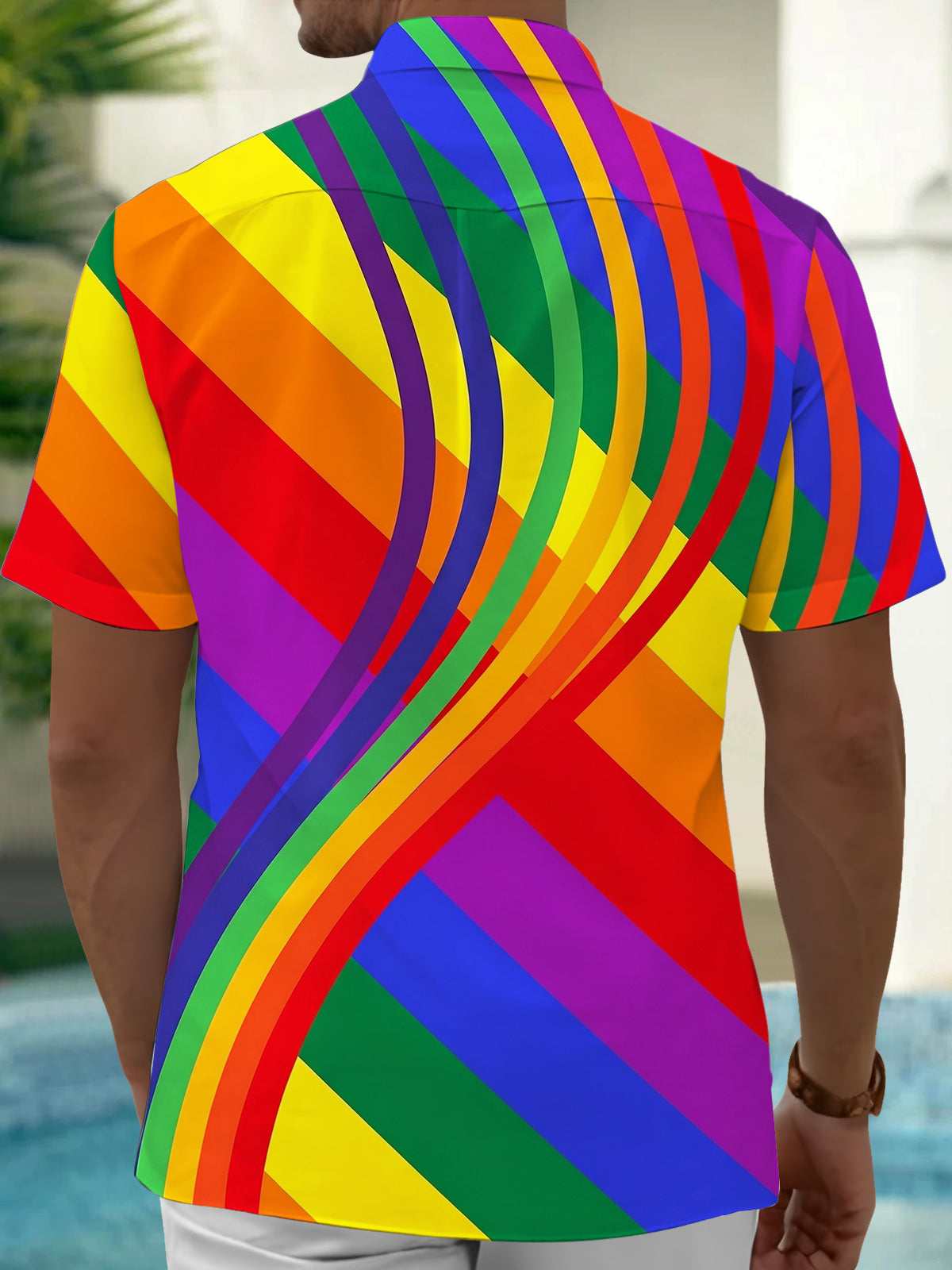 Oceanlyte Men's Printed Rainbow Wavy Stripes Print Short Sleeve Shirt with Chest Pocket