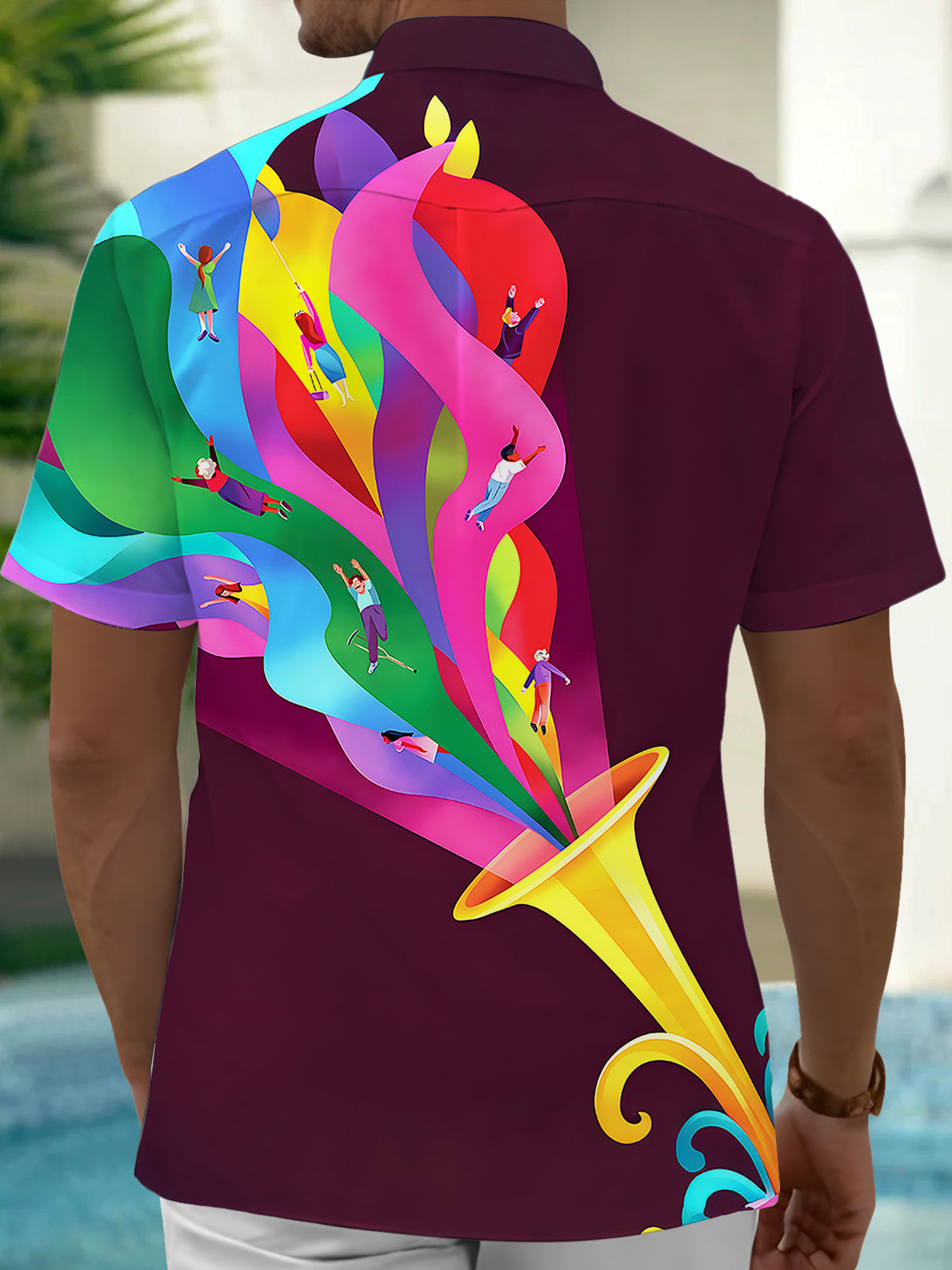 Oceanlyte Men's Trumpet With Colorful Abstract Waves Print Short Sleeve Shirt with Chest Pocket