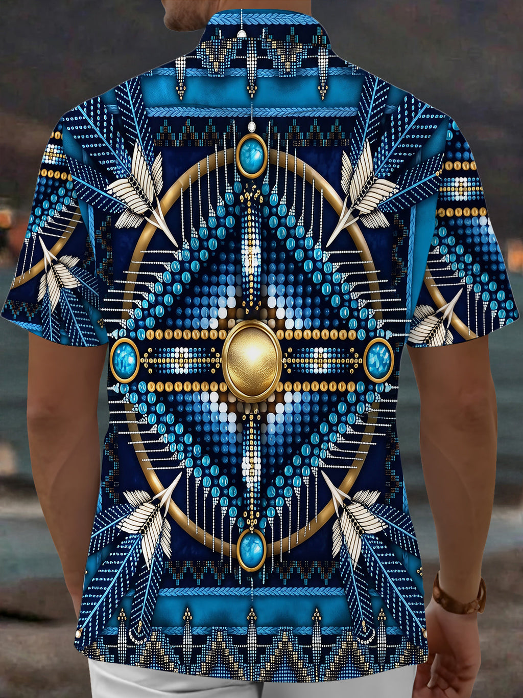 Oceanlyte Men's Vintage Style Feather Motif Print Short Sleeve Shirt with Chest Pocket