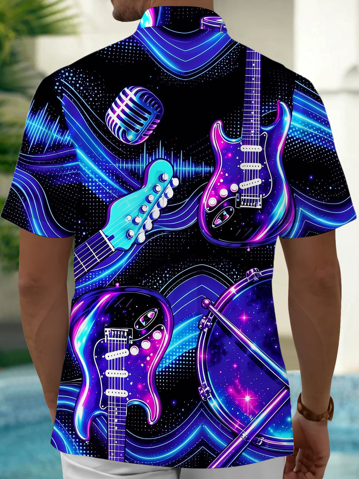 Oceanlyte Men's Graphic Neon Electric Guitar Print Short Sleeve Shirt with Chest Pocket