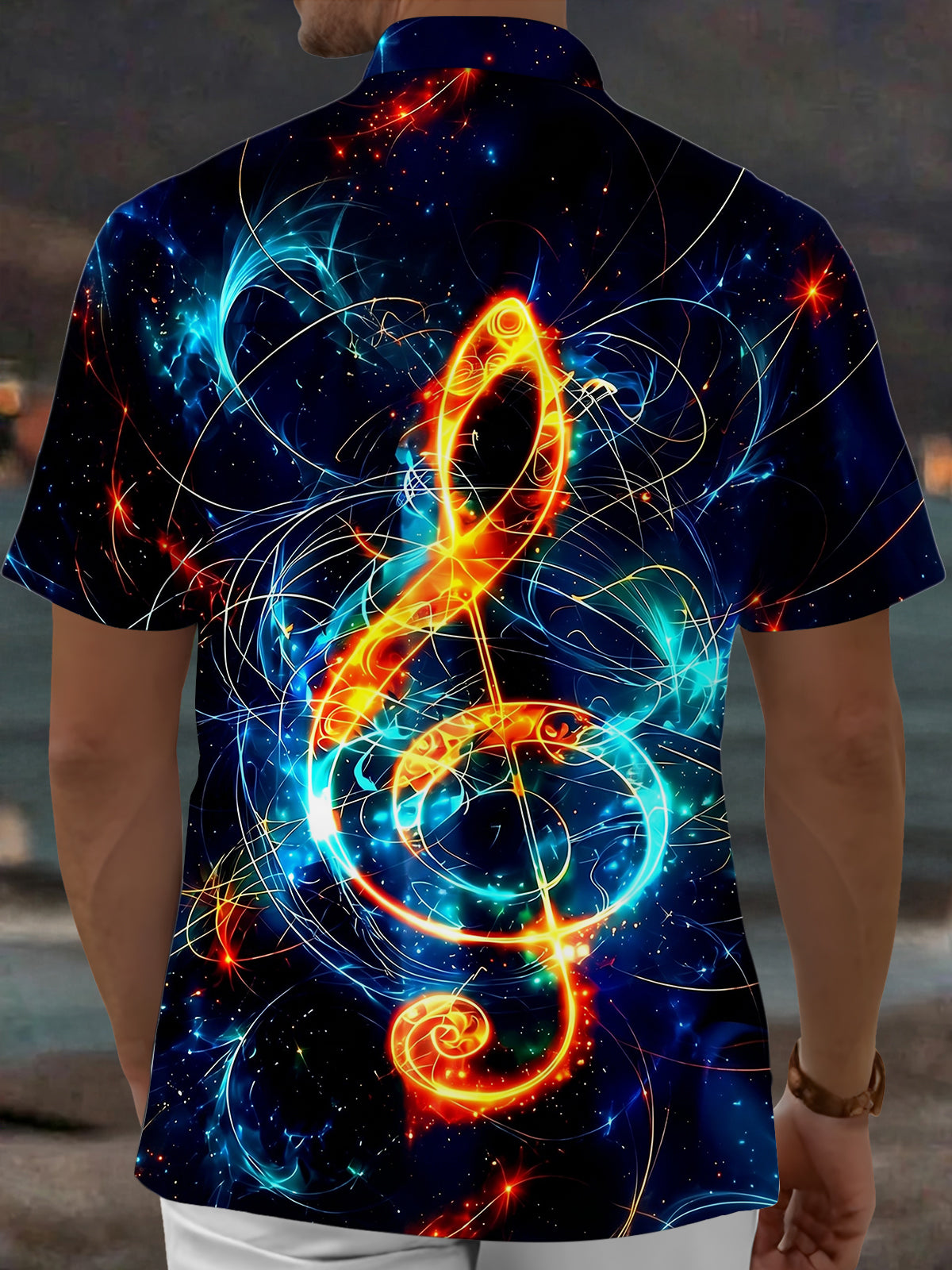 Oceanlyte Men's Hawaiian Neon Musical Note Print Short Sleeve Shirt with Chest Pocket