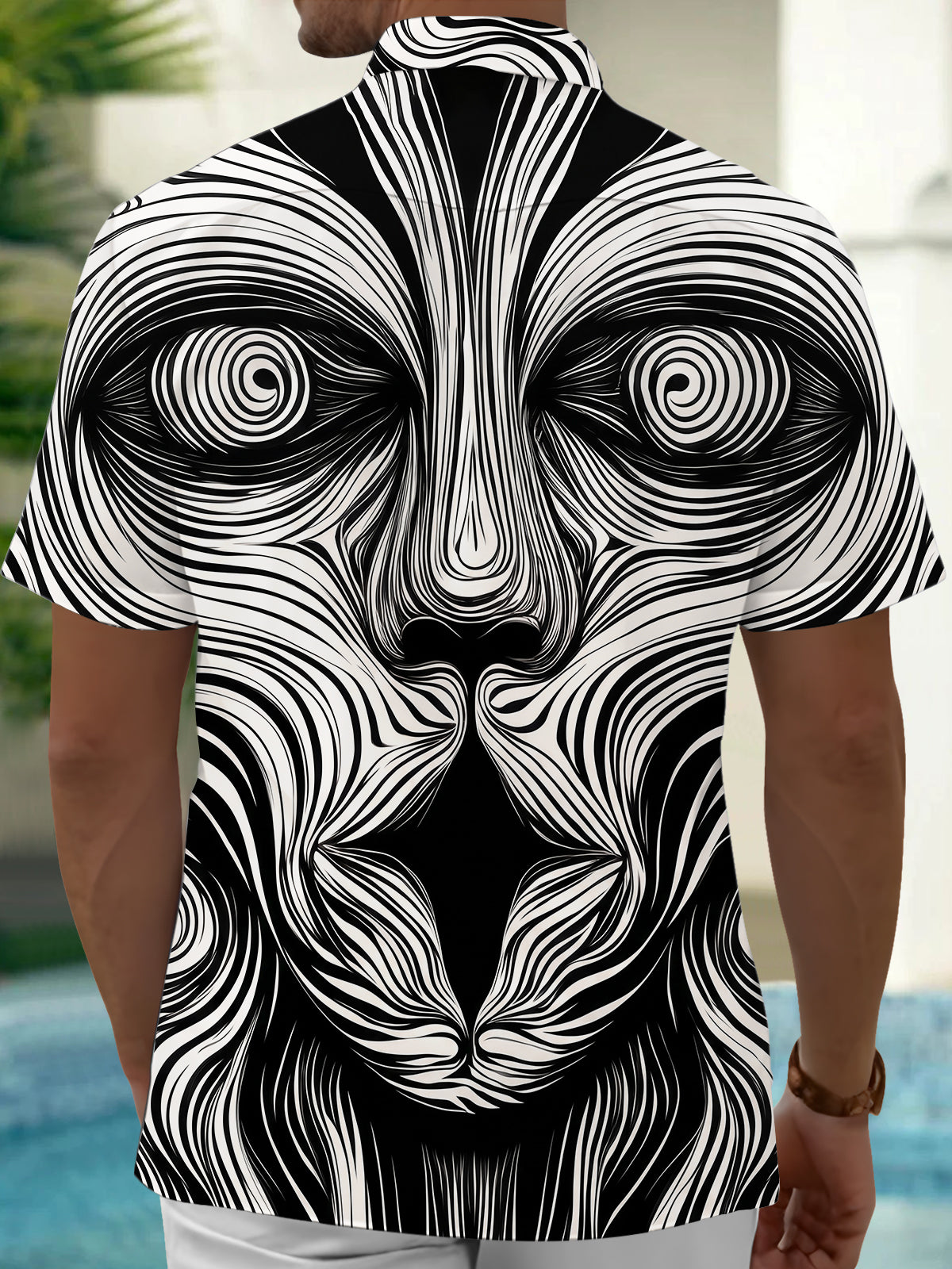 Oceanlyte Men's Geometric Abstract Face Swirl Print Short Sleeve Button Down Shirt with Chest Pocket