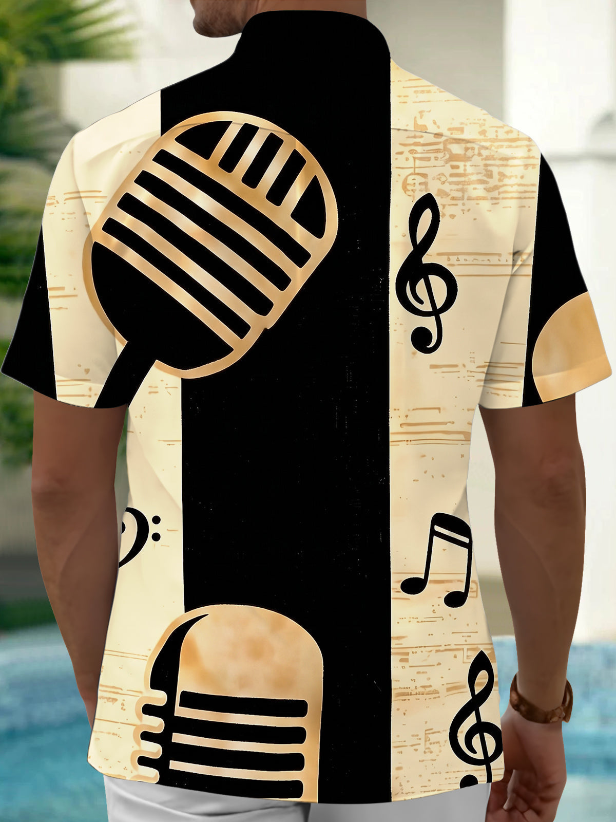 Oceanlyte Men's Vintage Style Vintage Microphone Print Short Sleeve Shirt with Chest Pocket