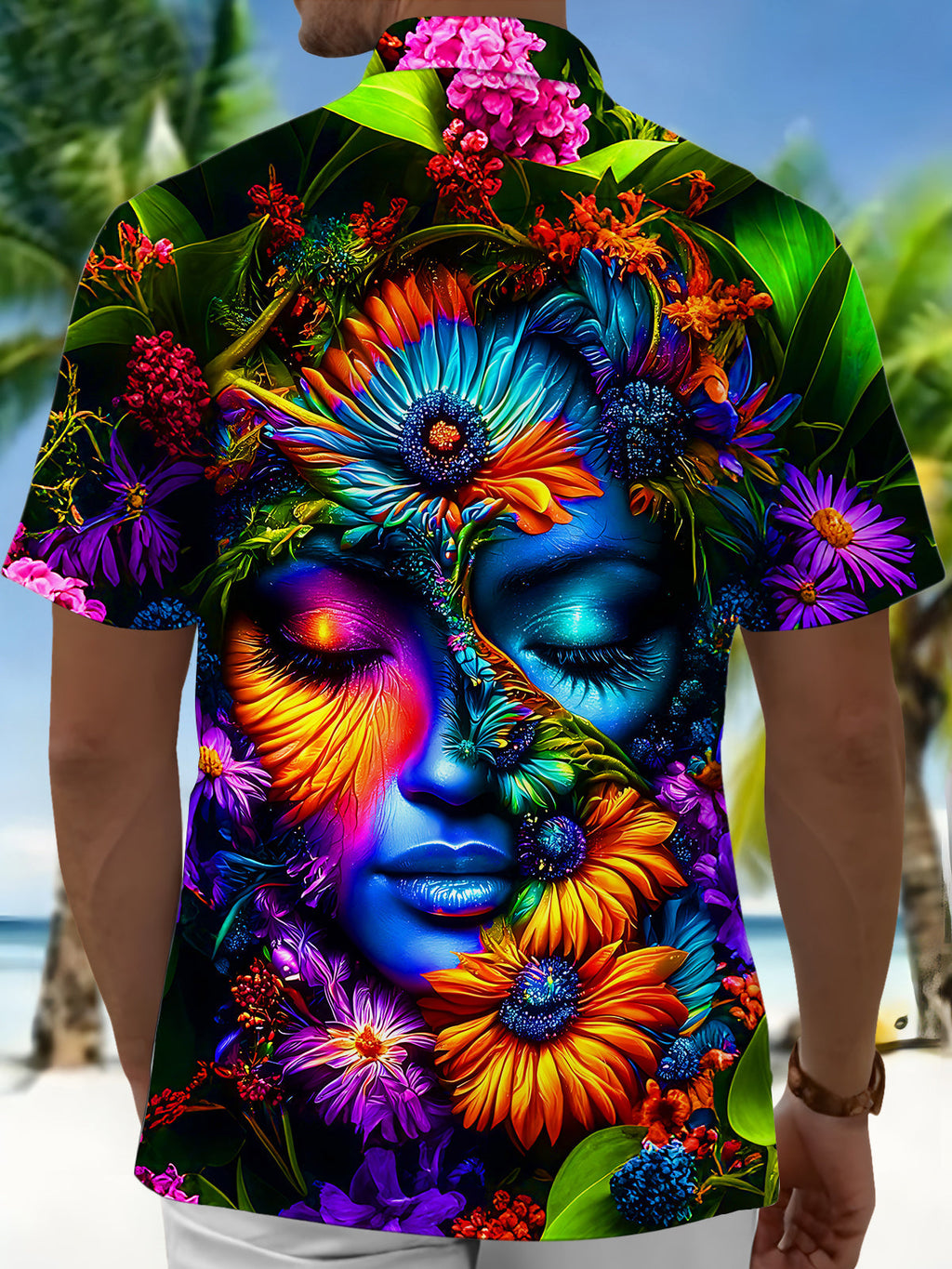 Oceanlyte Men's Floral Face Graphic Print Short Sleeve Button Down Shirt with Chest Pocket