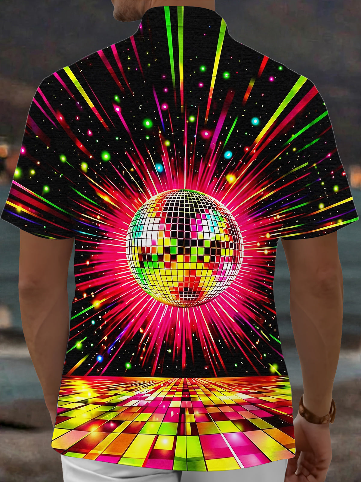 Oceanlyte Men's Retro Disco Ball Print Neon Light Rays Print Short Sleeve Shirt with Chest Pocket