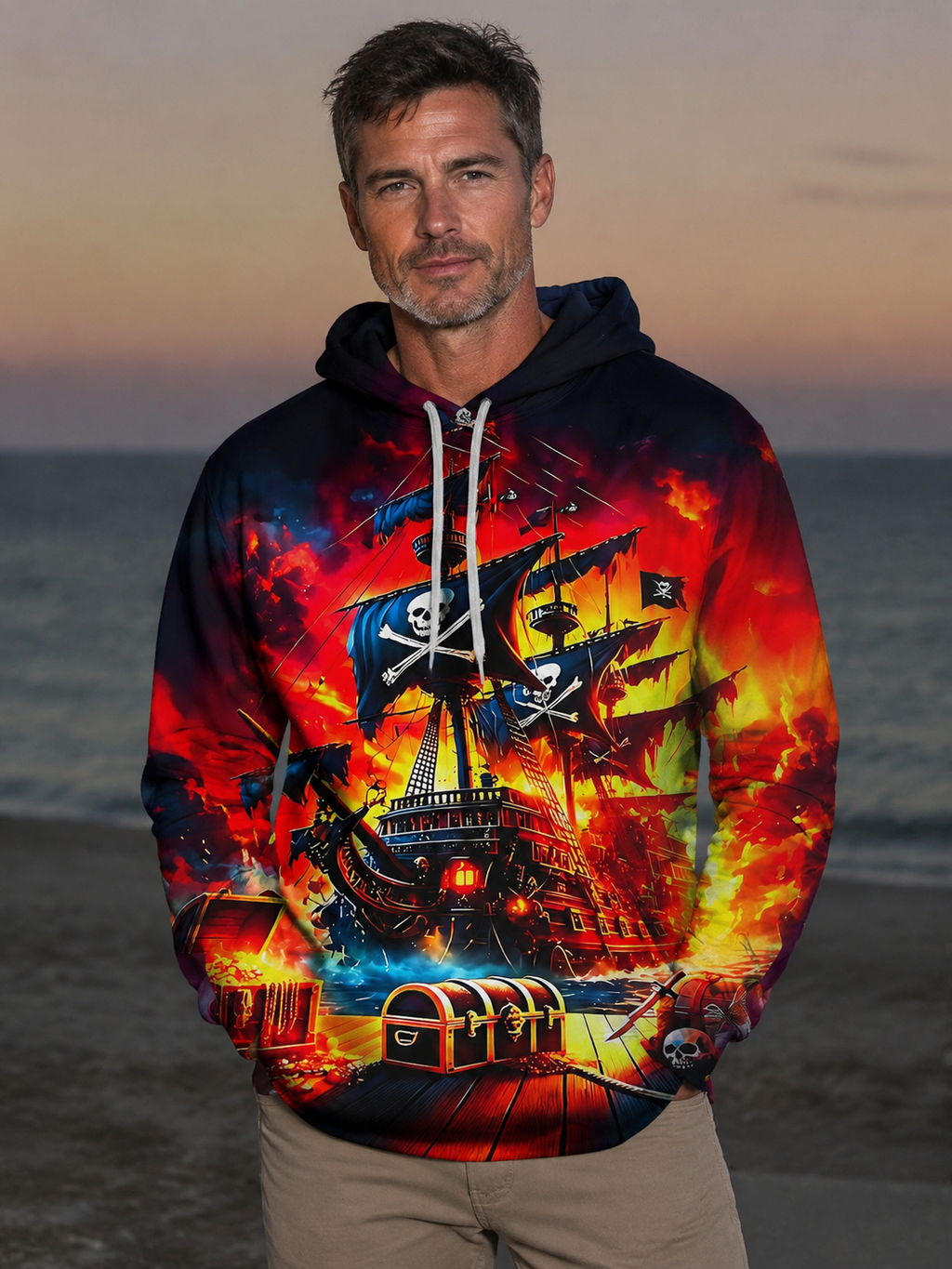 Oceanlyte Men's Pirate Ship Skull Treasure Print Long Sleeve Hoodie