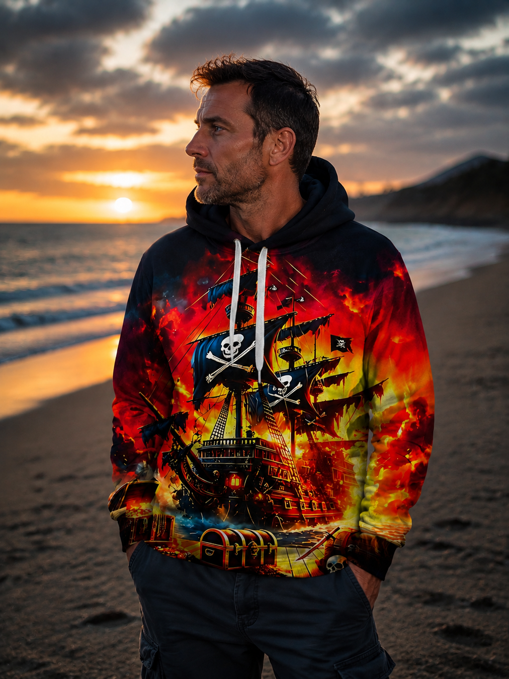 Oceanlyte Men's Pirate Ship Skull Treasure Print Long Sleeve Hoodie