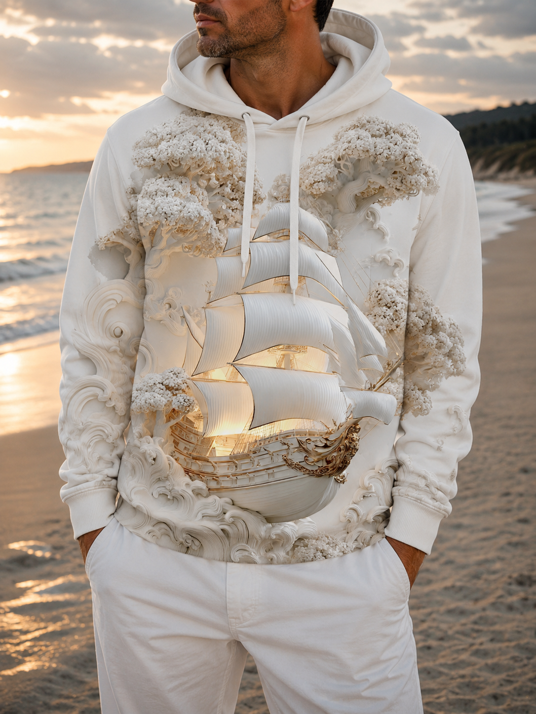 Oceanlyte Men's 3D Sailboat Ship Print Long Sleeve Hoodie with Chest Pocket