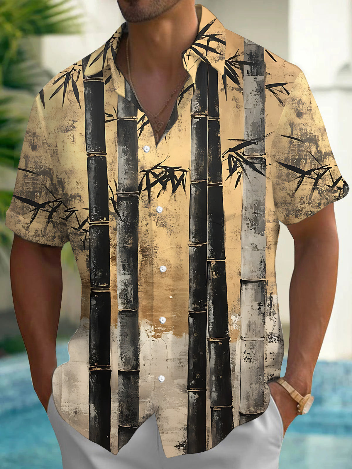 Bamboo Print Men's Pocket Short Sleeve Shirts