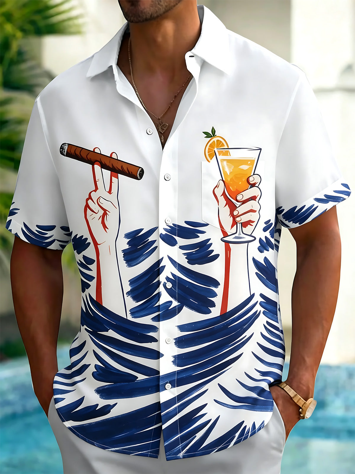 Oceanlyte Men's Hawaiian Tropical Cigar Cocktail Palm Leaf Print Short Sleeve Button Down Shirt with Chest Pocket
