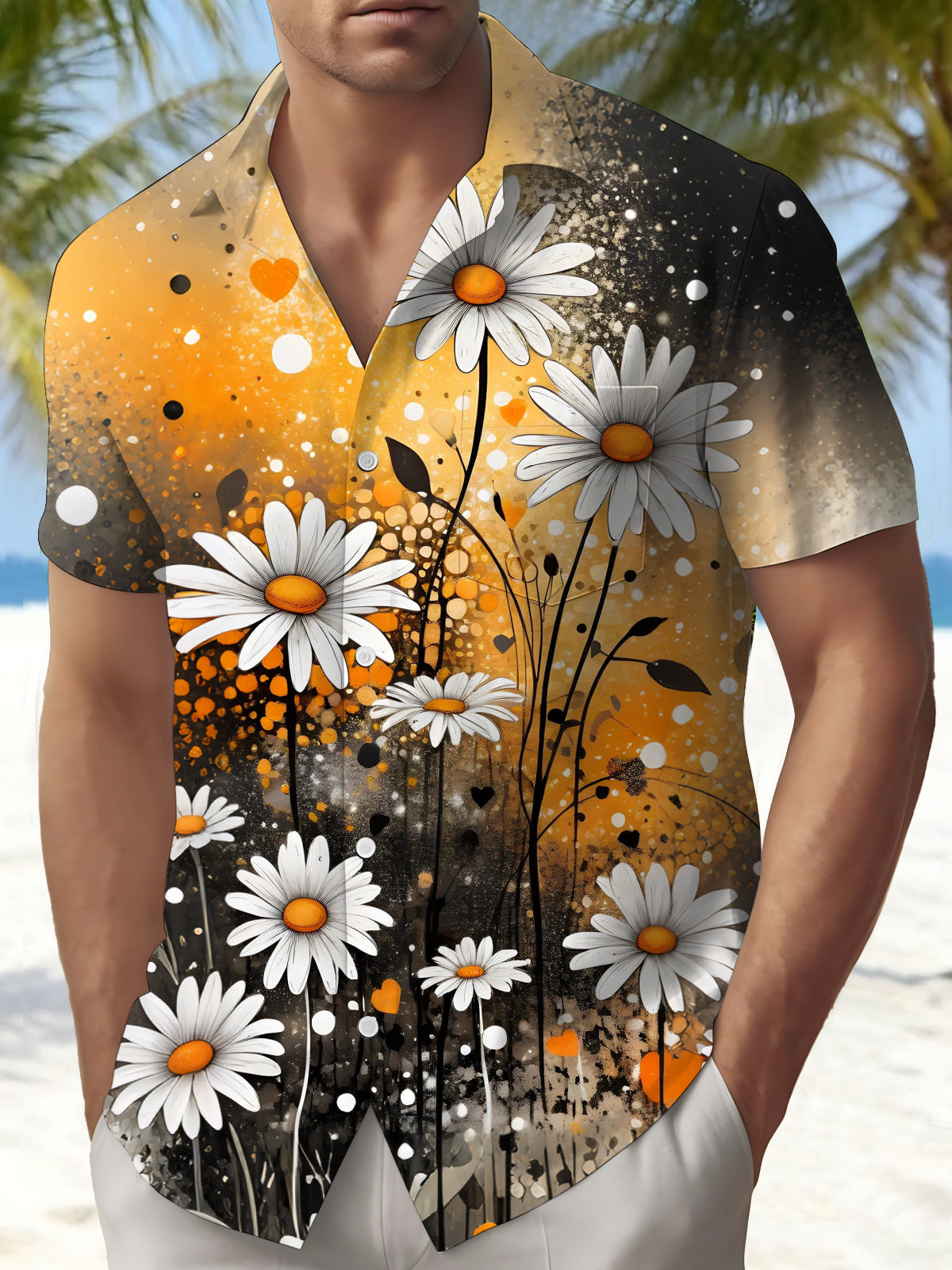 Oceanlyte Men's Graphic Daisy Flower Gradient Print Short Sleeve Button Down Shirt with Chest Pocket