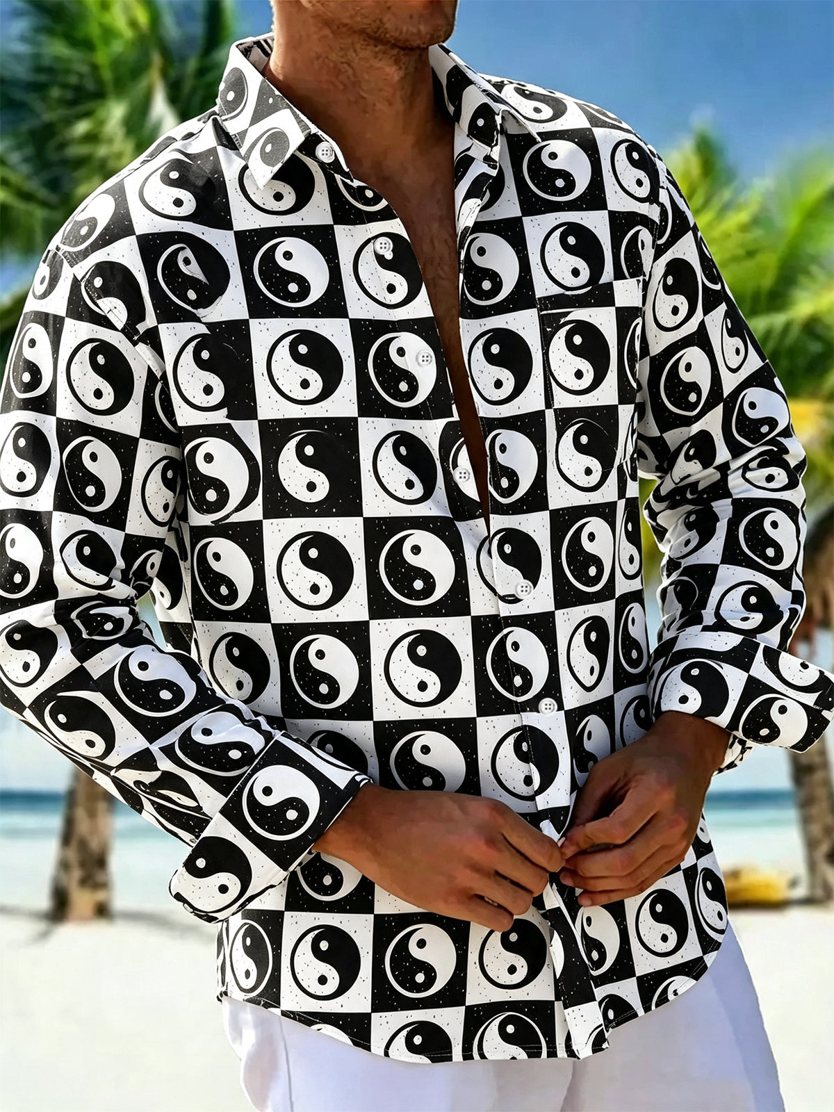 Oceanlyte Men's Graphic Geometric Yin Yang Checkerboard Print Long Sleeve Button Down Shirt with Chest Pocket