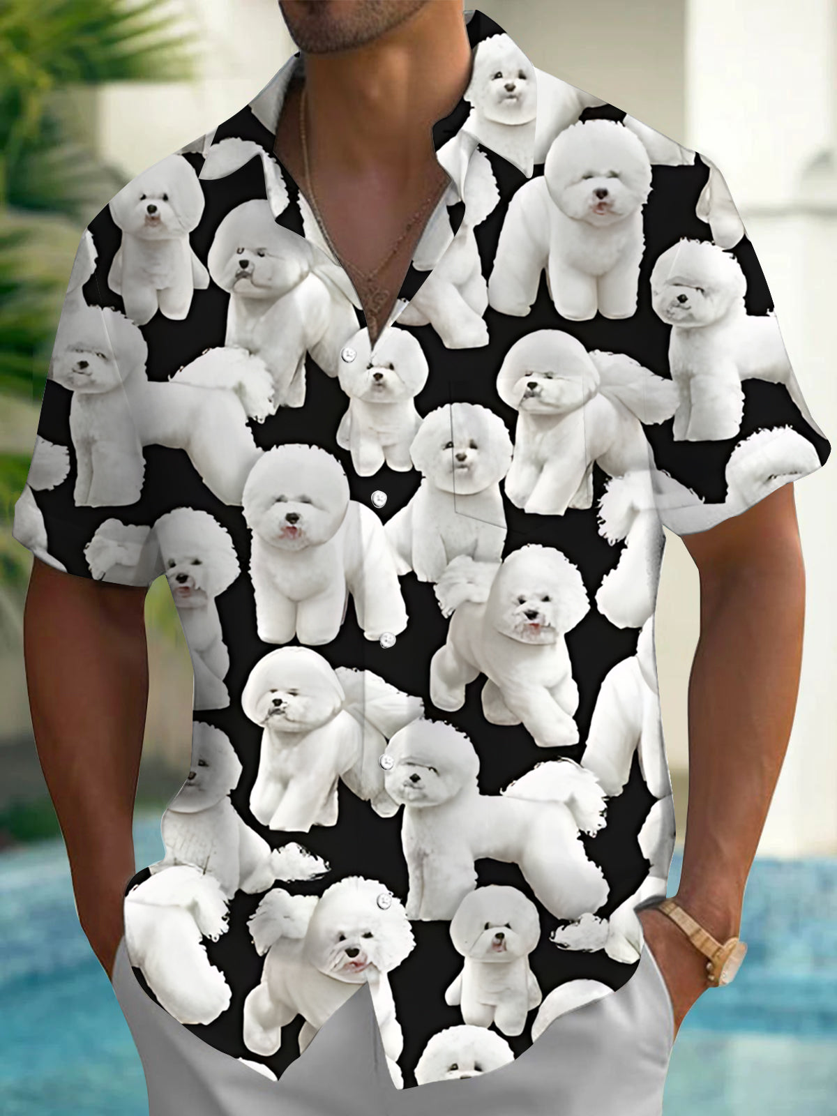 Oceanlyte Men's Graphic Bichon Frise Dog Pattern Print Short Sleeve Button Down Shirt with Chest Pocket