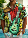 Oceanlyte Men's Hawaiian Tropical Guitar And Fruit Print Short Sleeve Button Down Shirt with Chest Pocket