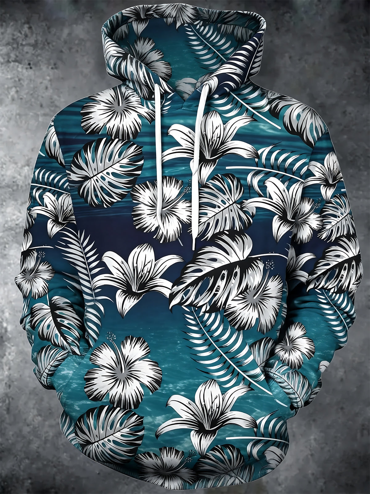 Oceanlyte Men's Tropical Floral Leaves Print Long Sleeve Hoodie with Chest Pocket
