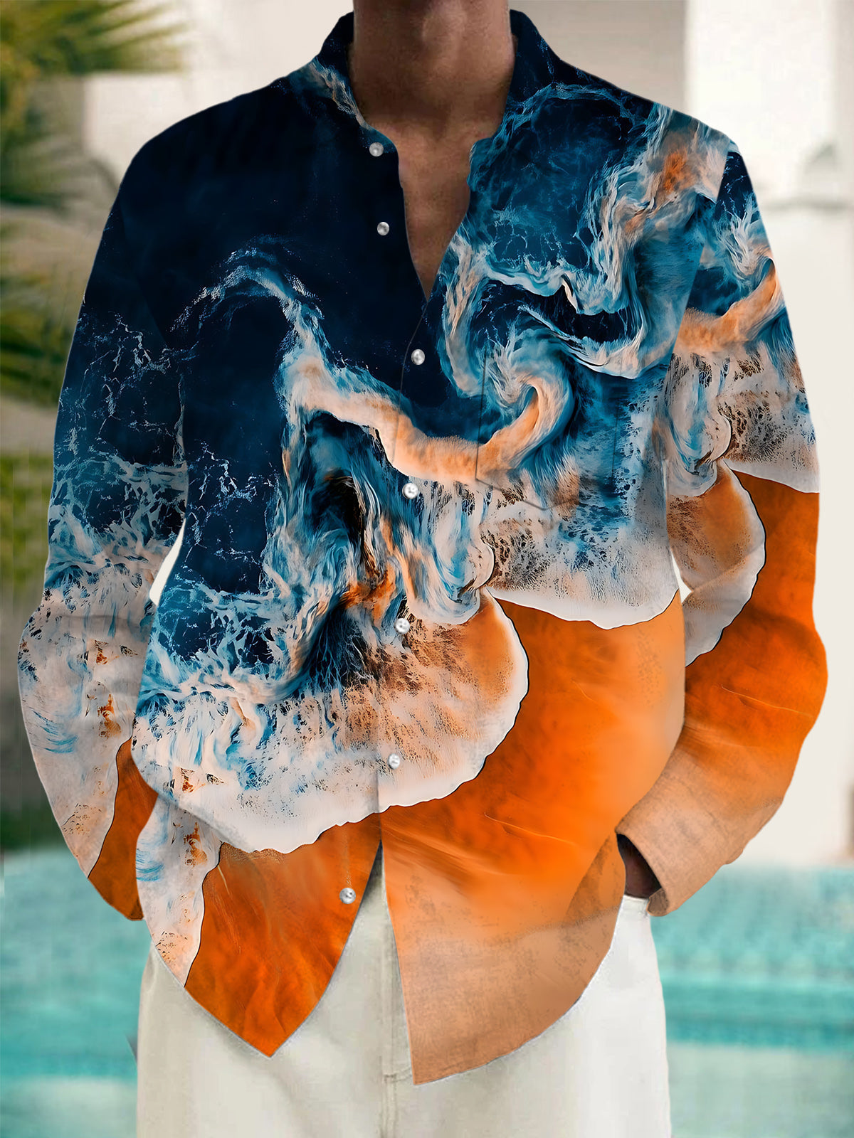 Oceanlyte Men's Printed Ocean Wave Print Long Sleeve Shirt with Chest Pocket