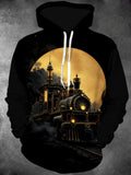 Oceanlyte Men's Vintage Steam Train Print Long Sleeve Hoodie with Chest Pocket