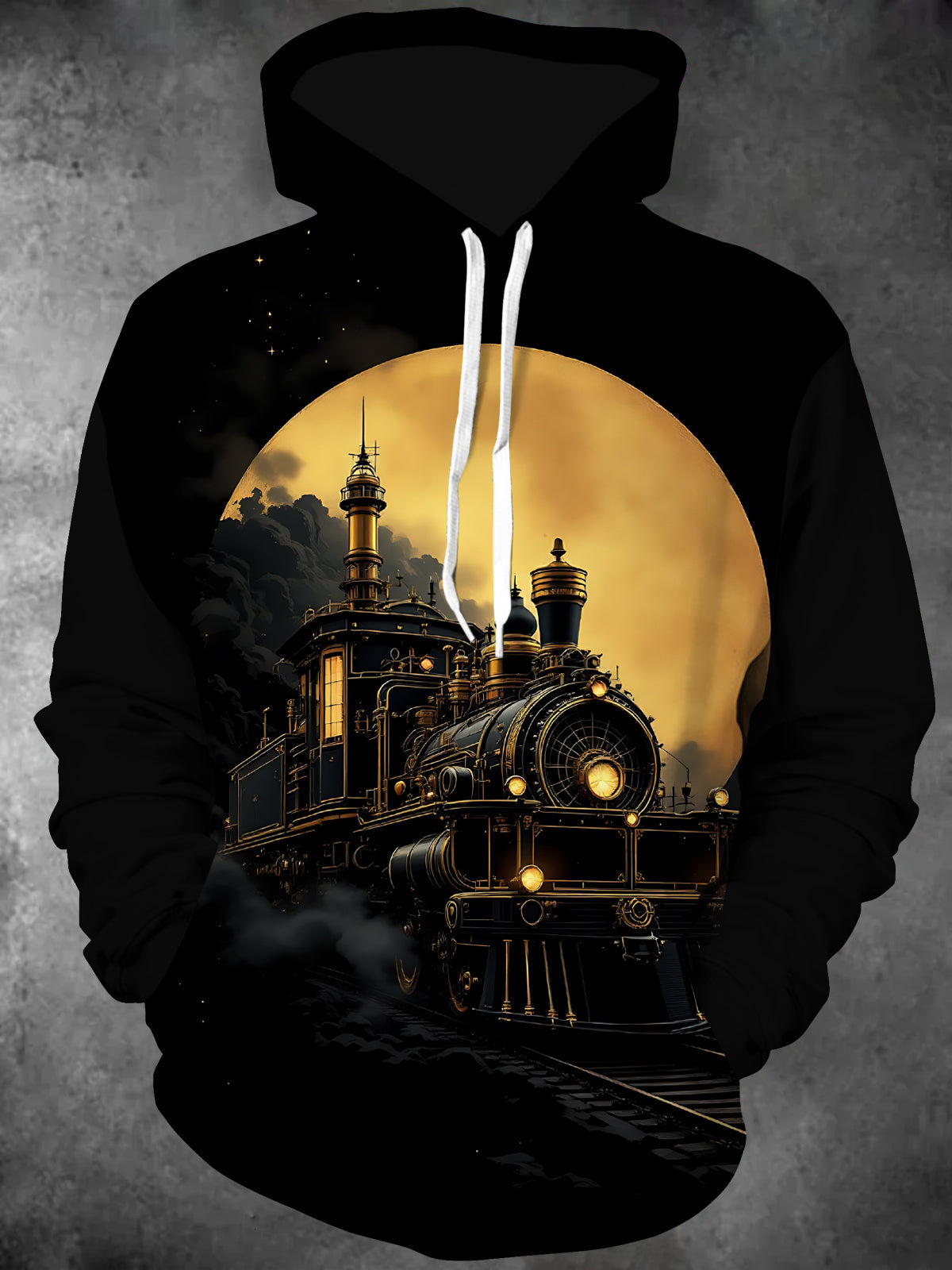 Oceanlyte Men's Vintage Steam Train Print Long Sleeve Hoodie with Chest Pocket