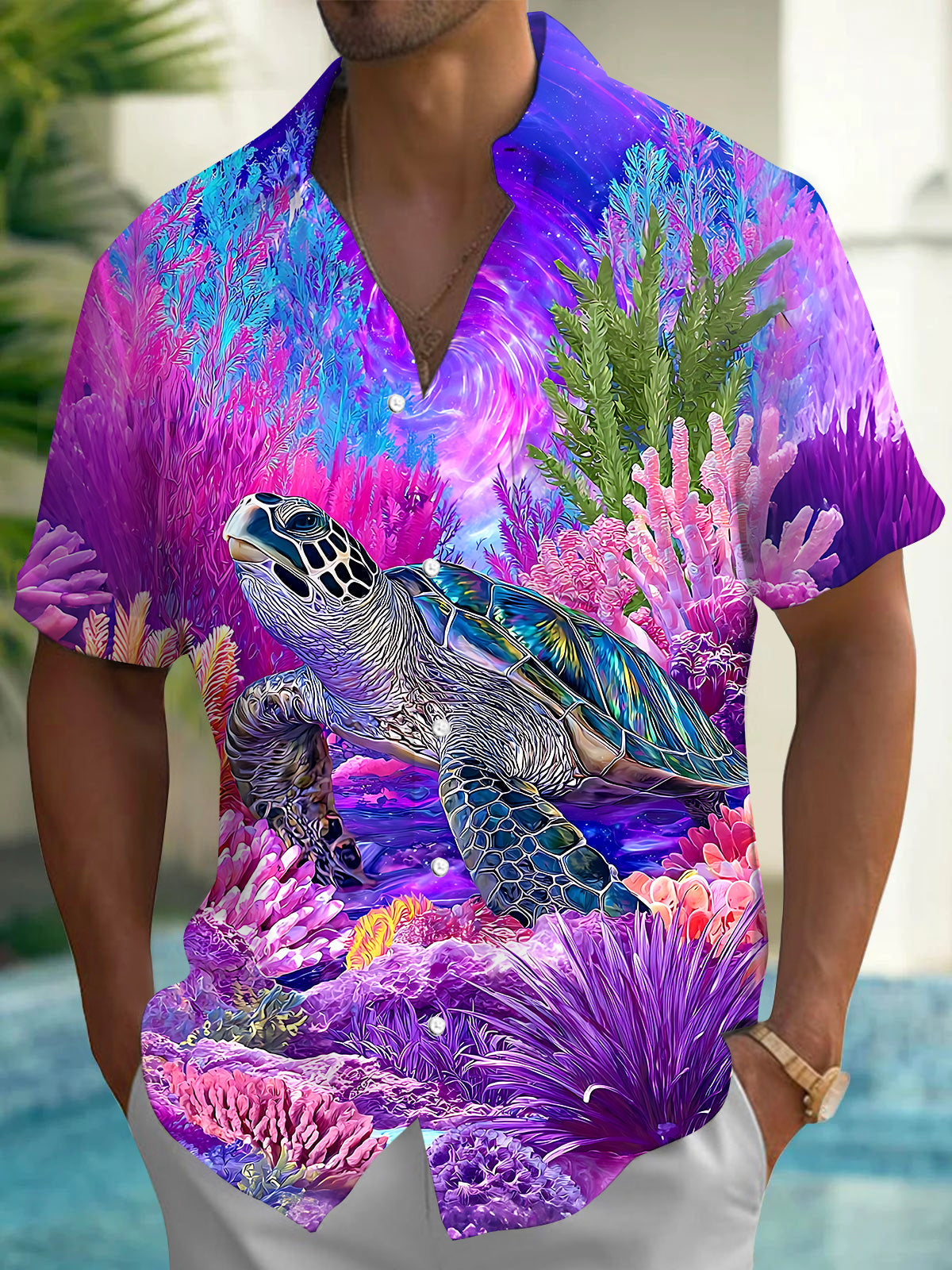 Oceanlyte Men's Purple Graphic Tropical Sea Turtle Coral Reef Print Short Sleeve Button Down Shirt with Chest Pocket