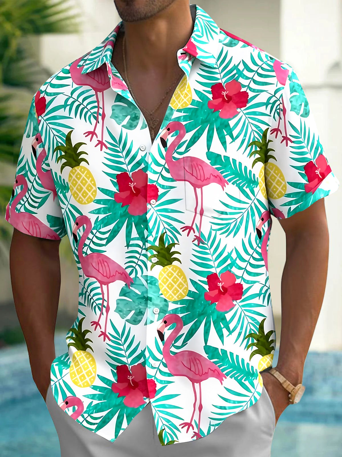 Oceanlyte Men's Hawaiian Tropical Flamingo Pineapple Floral Print Short Sleeve Button Down Shirt with Chest Pocket