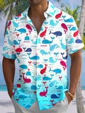 Oceanlyte Men's Graphic Whale Wave Pattern Print Short Sleeve Button Down Shirt with Chest Pocket