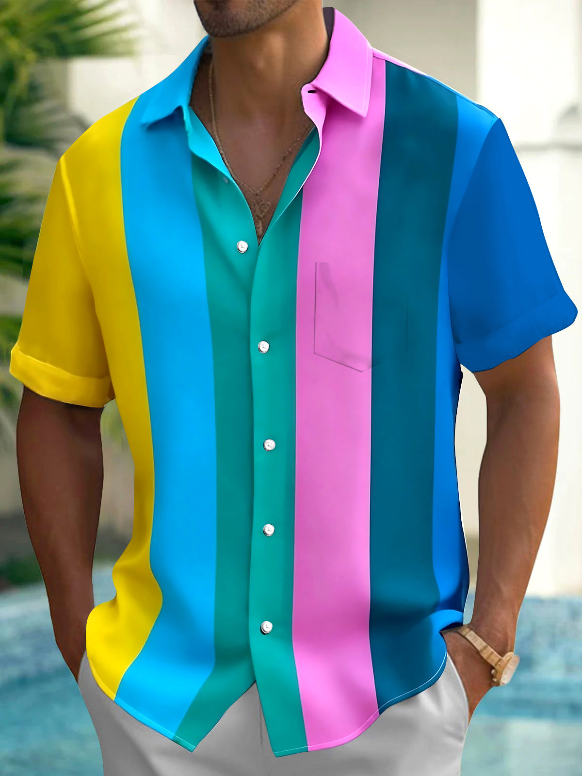 Oceanlyte Men's Vertical Colorblock Stripe Short Sleeve Button Down Shirt with Chest Pocket