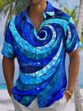 Oceanlyte Men's Abstract Blue Geometric Swirl Mosaic Print Short Sleeve Button Down Shirt with Chest Pocket