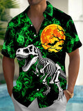 Oceanlyte Men's Graphic Dinosaur Skeleton Moon Print Short Sleeve Button Down Shirt with Chest Pocket