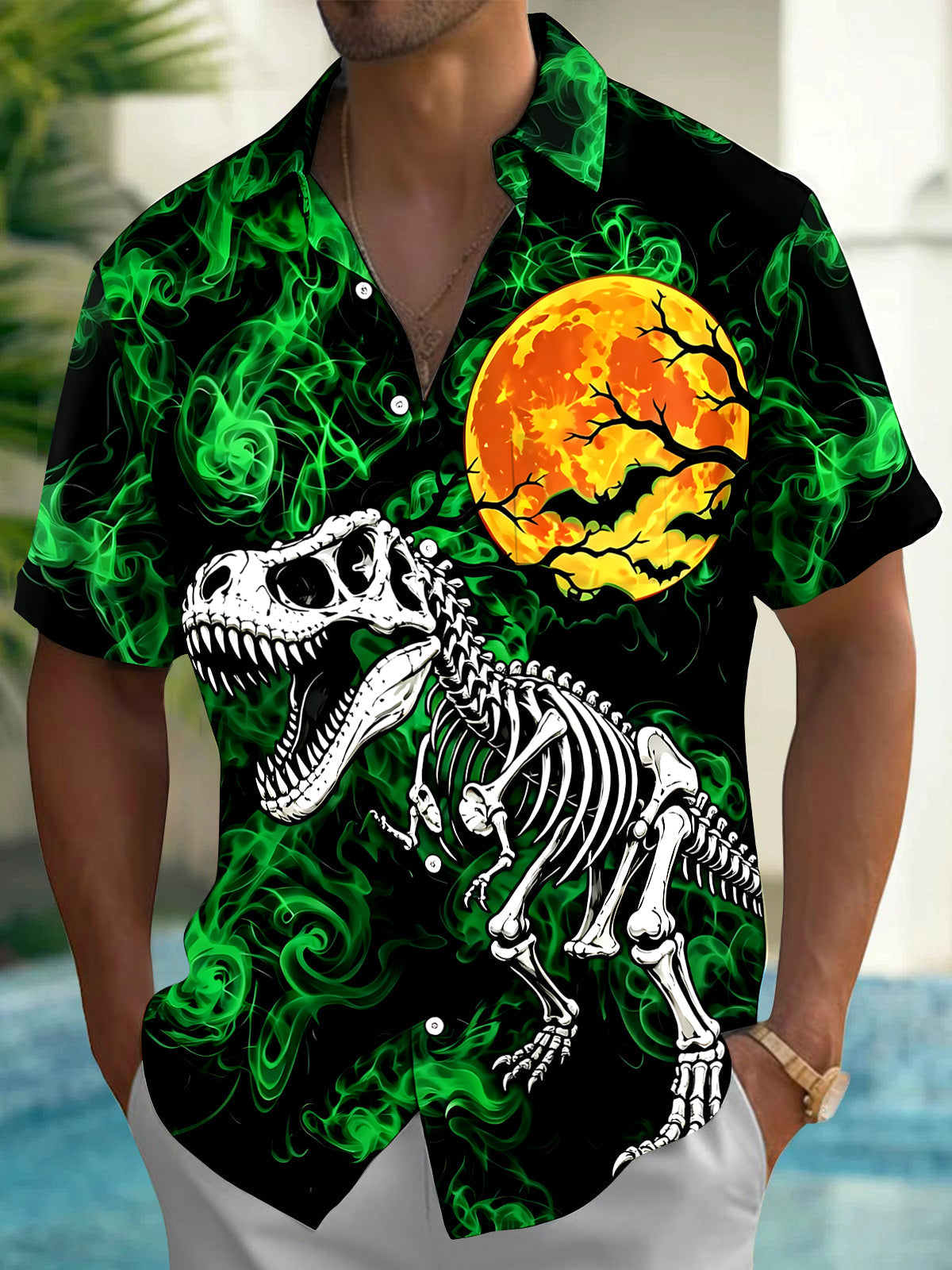 Oceanlyte Men's Graphic Dinosaur Skeleton Moon Print Short Sleeve Button Down Shirt with Chest Pocket