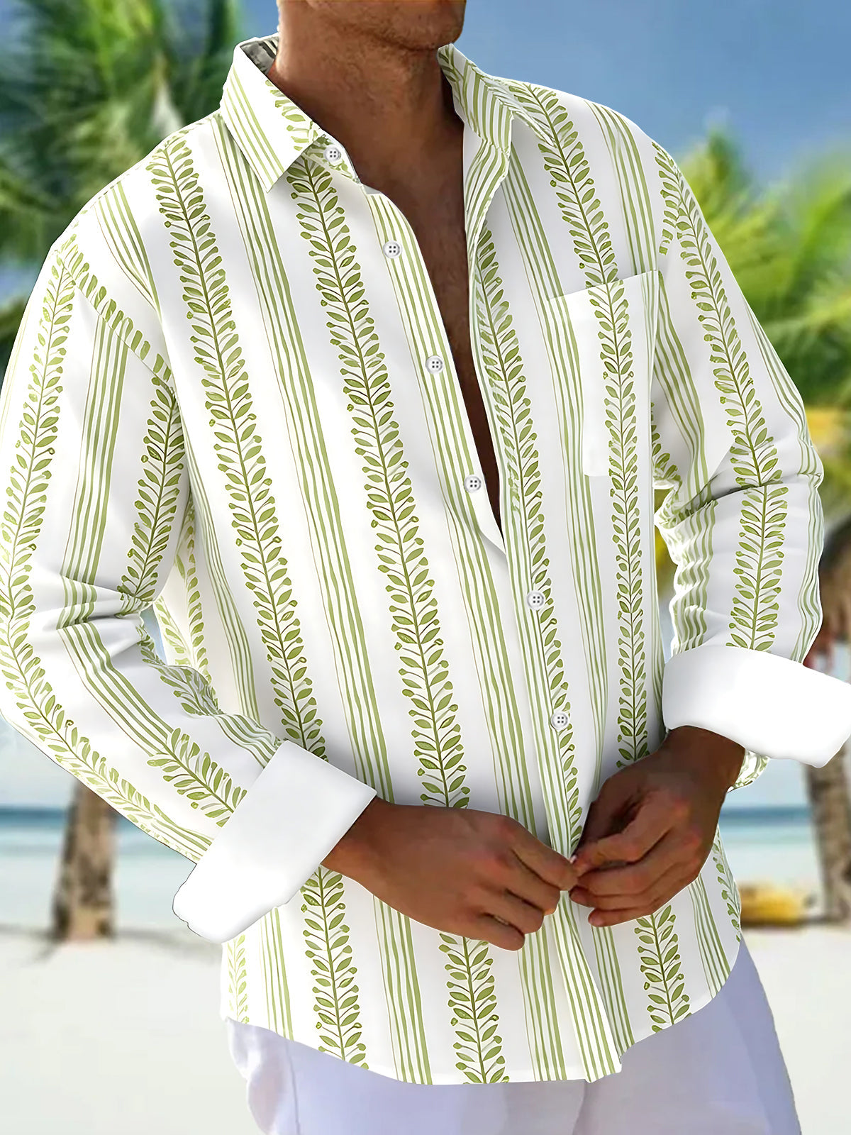 Oceanlyte Men's Tropical Green Fern Leaf Stripe Print Long Sleeve Button Down Shirt with Chest Pocket