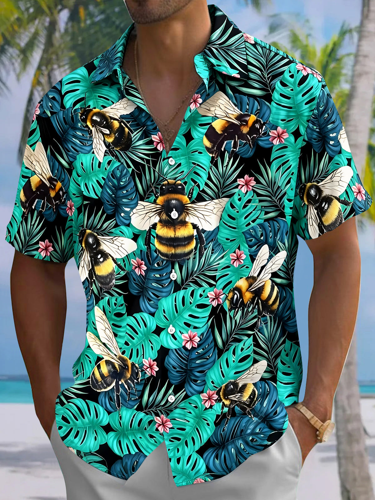 Oceanlyte Men's Hawaiian Floral Bee Tropical Leaf Print Short Sleeve Button Down Shirt with Chest Pocket