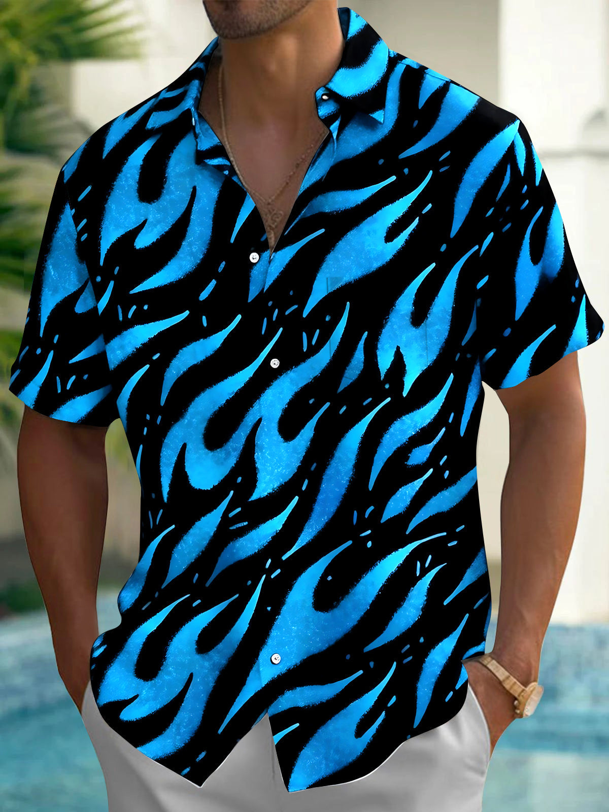 Oceanlyte Men's Graphic Blue Flame Pattern Print Short Sleeve Button Down Shirt with Chest Pocket
