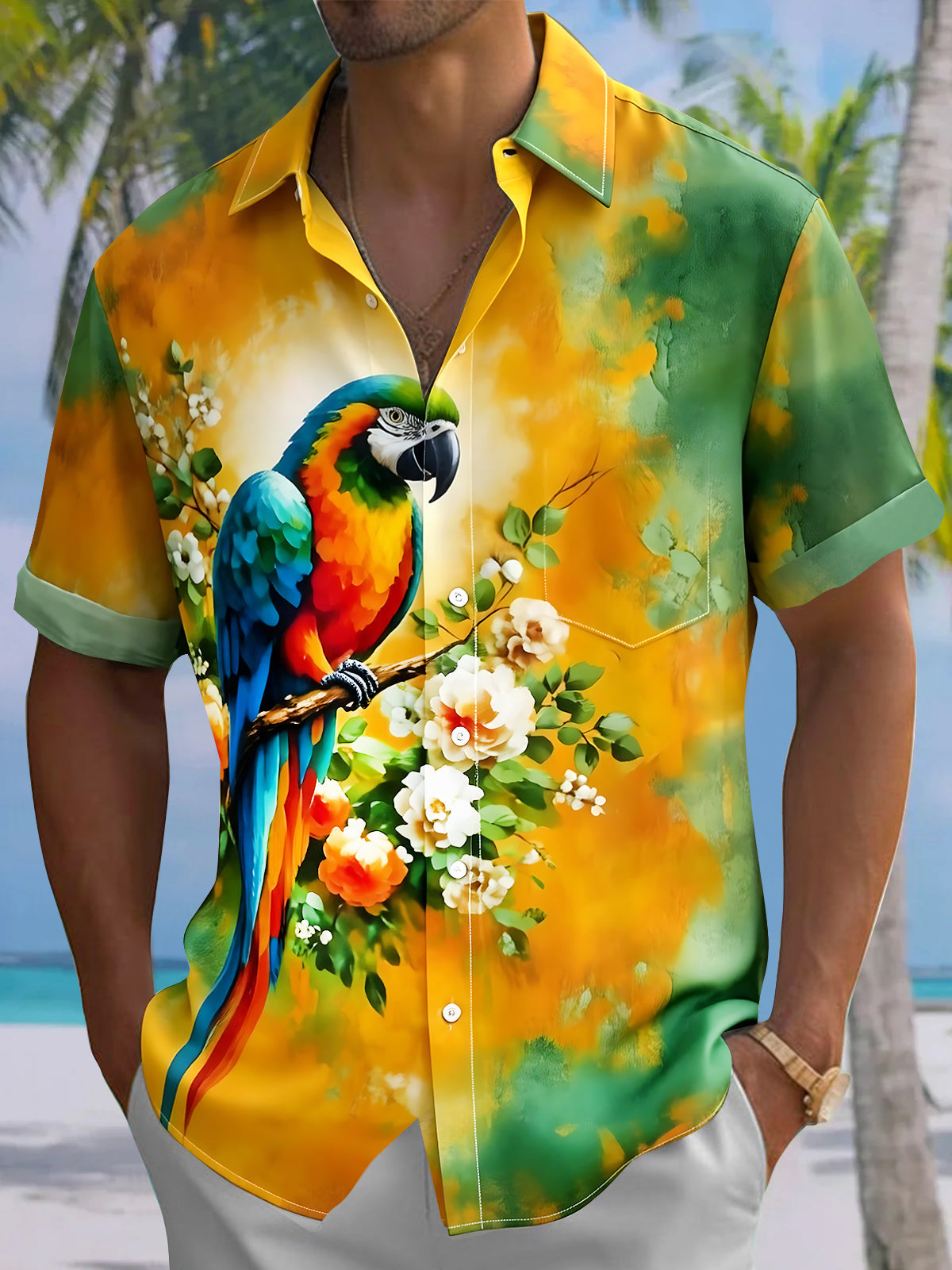 Oceanlyte Men's Parrot Floral Tropical Print Short Sleeve Button Down Shirt with Chest Pocket