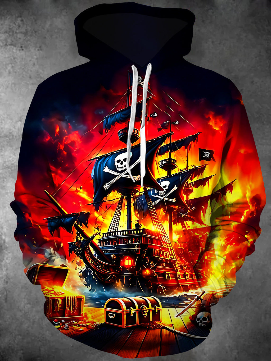 Oceanlyte Men's Pirate Ship Skull Treasure Print Long Sleeve Hoodie