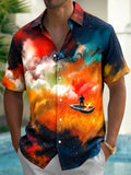 Oceanlyte Men's Tie Dye Cloudy Sky Boat Short Sleeve Button Down Shirt with Chest Pocket