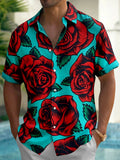 Oceanlyte Men's Hawaiian Red Rose Print Short Sleeve Shirt with Chest Pocket