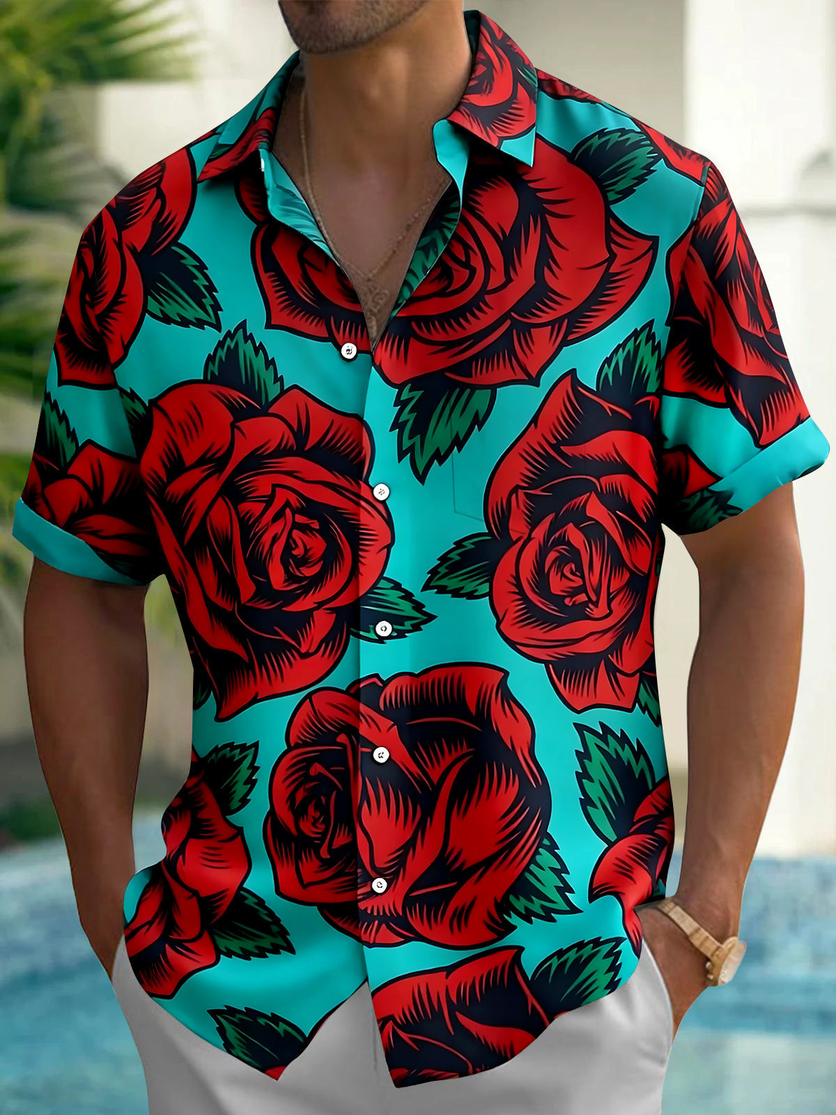 Oceanlyte Men's Hawaiian Red Rose Print Short Sleeve Shirt with Chest Pocket