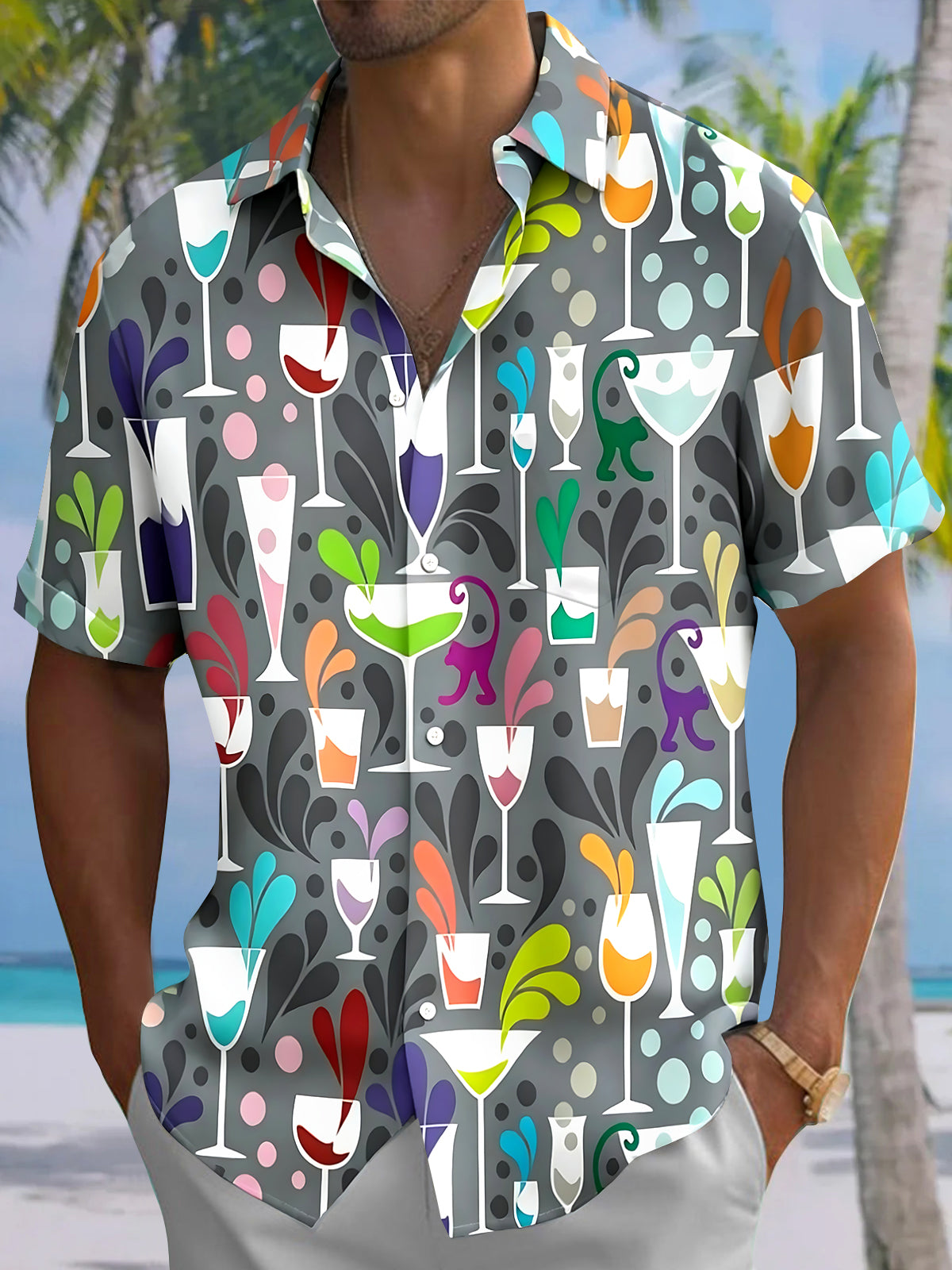 Oceanlyte Men's Hawaiian Wine Glass Pattern Short Sleeve Shirt with Chest Pocket