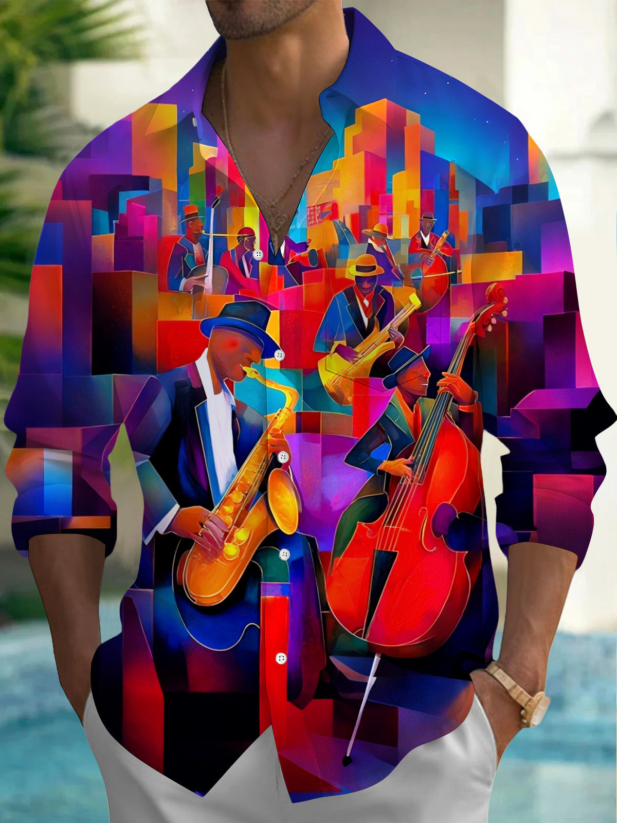 Oceanlyte Men's Vintage Style Jazz Band Print Long Sleeve Shirt with Chest Pocket