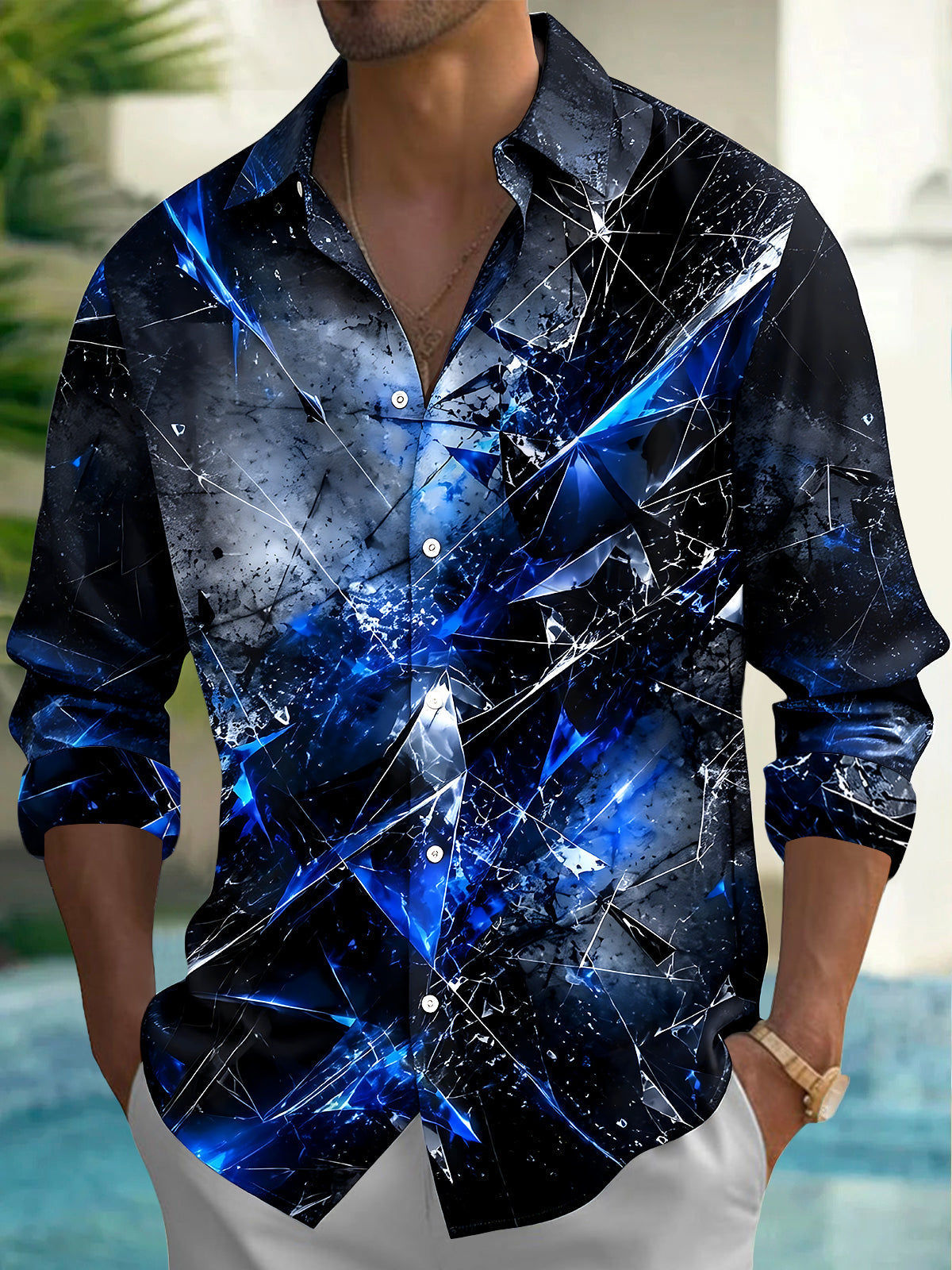 Oceanlyte Men's Abstract Shattered Glass Effect Print Long Sleeve Shirt with Chest Pocket