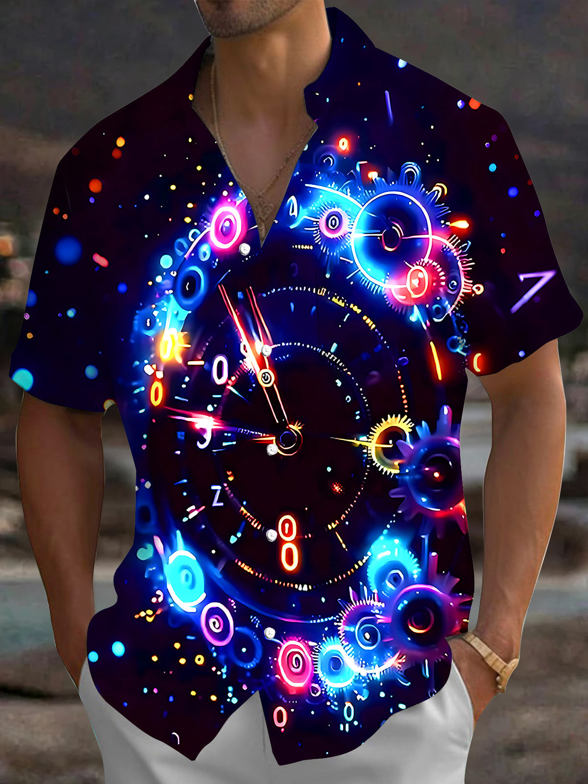 Oceanlyte Men's Graphic Neon Clock Gears Print Short Sleeve Shirt with Chest Pocket