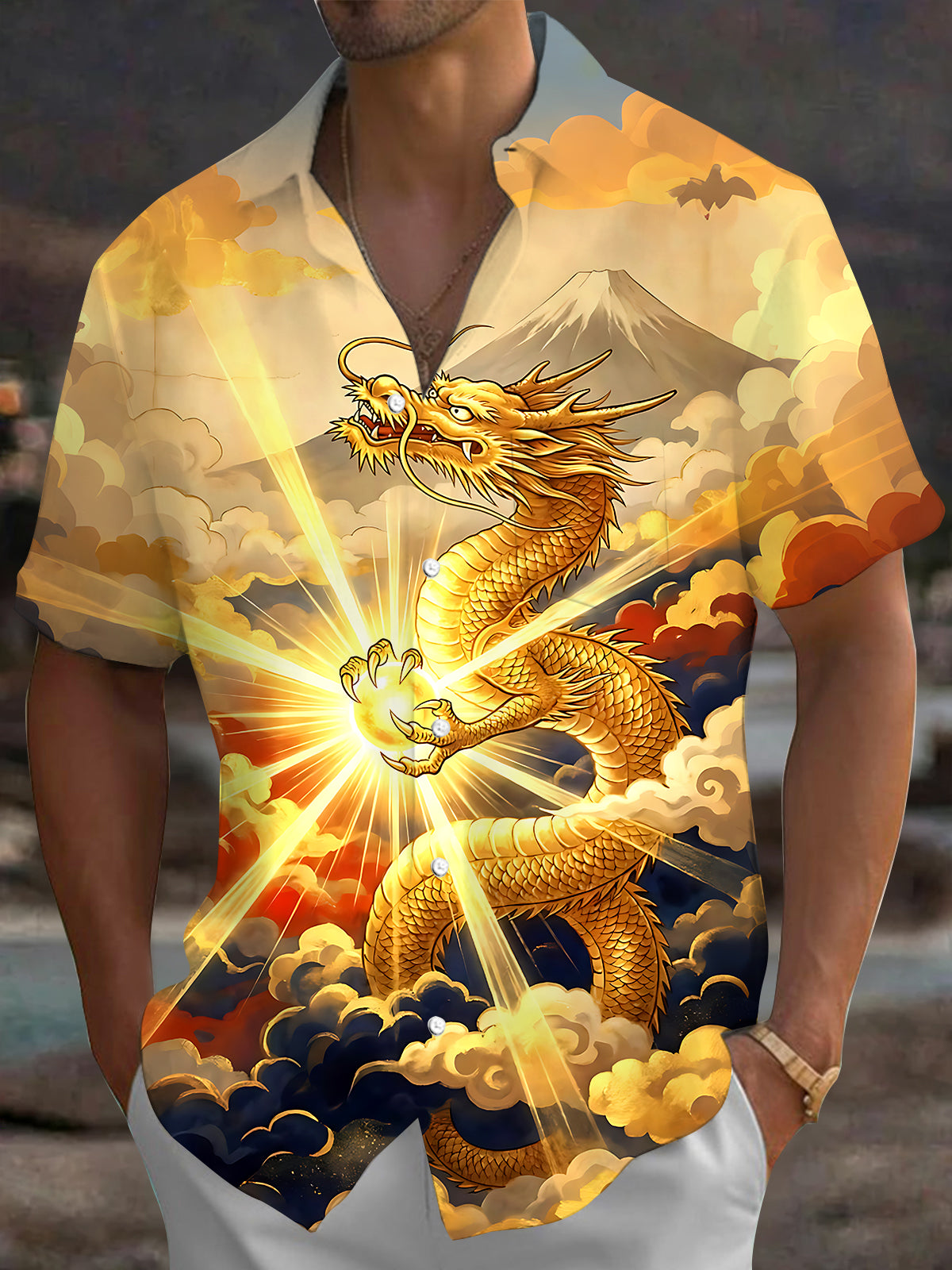 Oceanlyte Men's Graphic Golden Dragon Print Short Sleeve Shirt with Chest Pocket