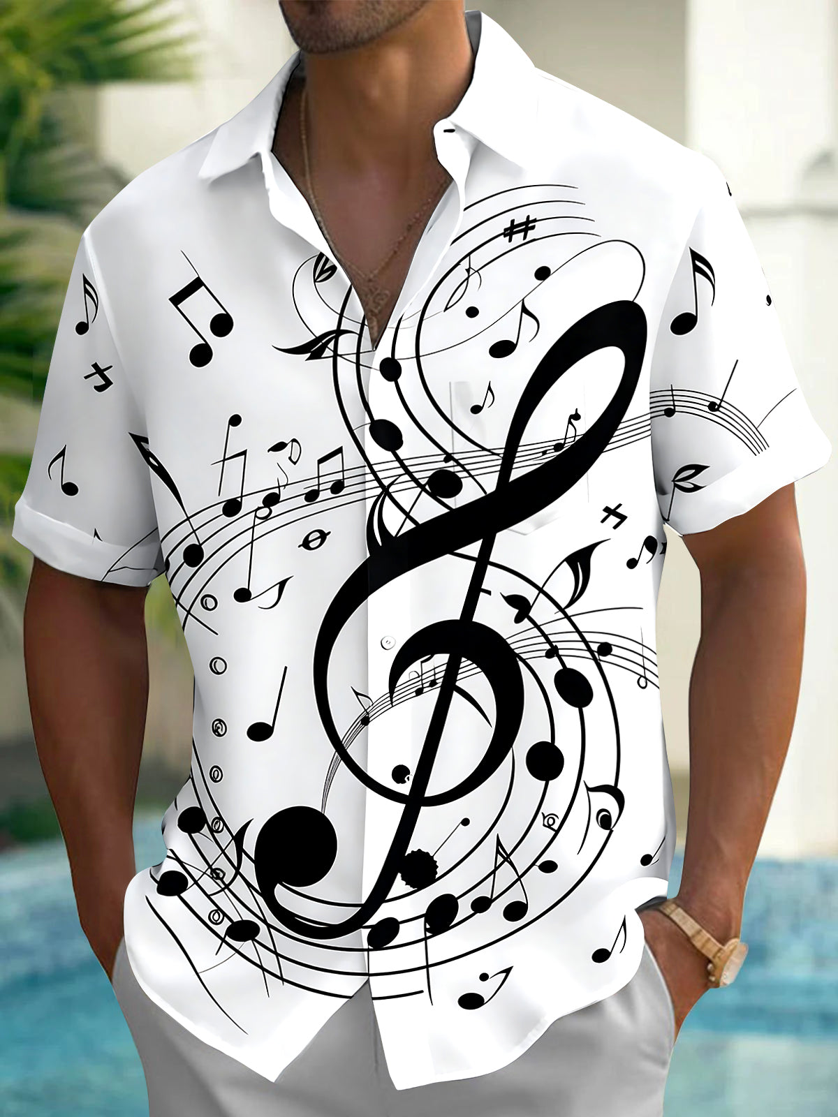 Oceanlyte Men's Graphic Musical Notes Print Short Sleeve Shirt with Chest Pocket