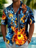 Oceanlyte Men's Hawaiian Electric Guitar Fire Print Short Sleeve Shirt with Chest Pocket