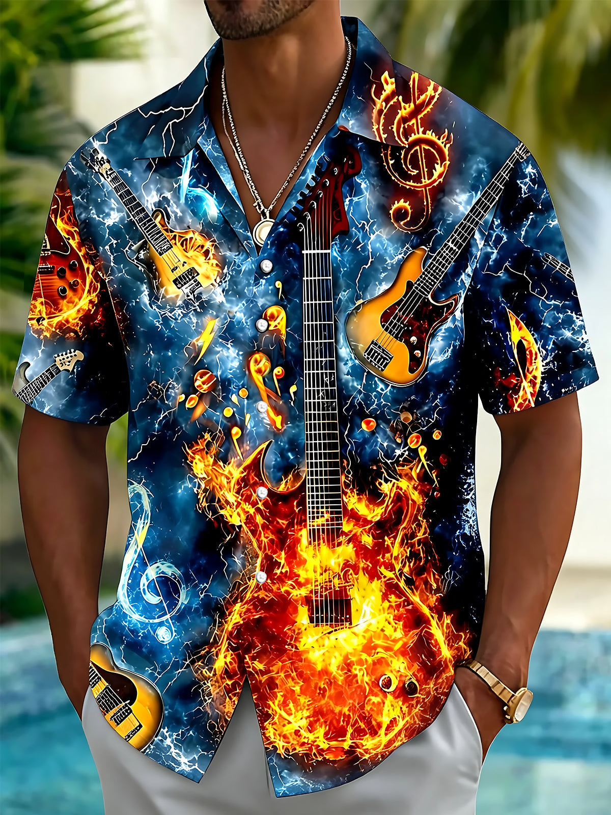Oceanlyte Men's Hawaiian Electric Guitar Fire Print Short Sleeve Shirt with Chest Pocket