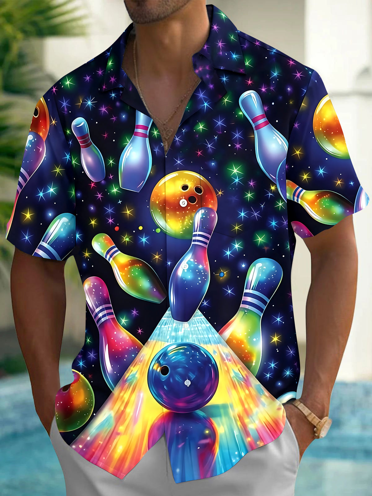 Oceanlyte Men's Hawaiian Cosmic Bowling Pins Print Short Sleeve Shirt with Chest Pocket