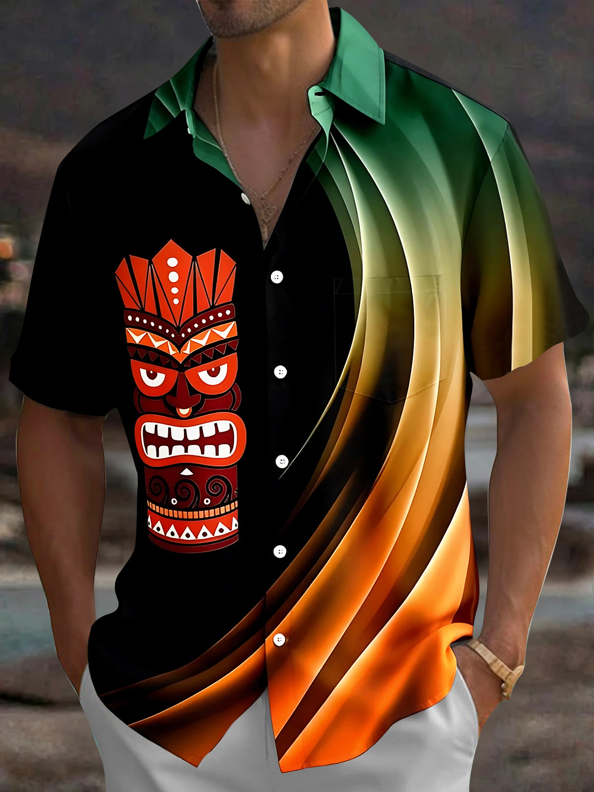 Oceanlyte Men's Hawaiian Tiki Mask Print Short Sleeve Shirt with Chest Pocket