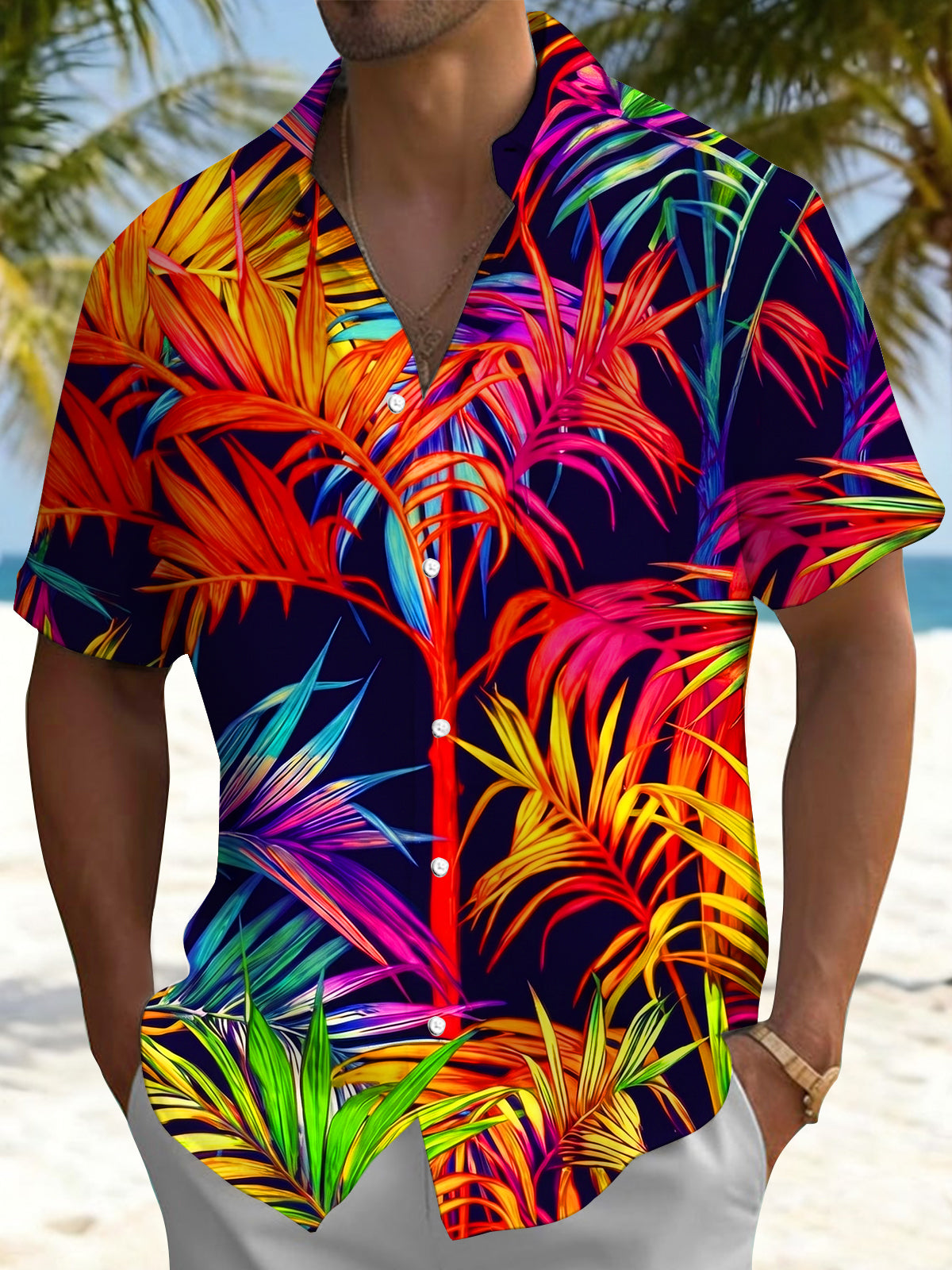 Oceanlyte Men's Hawaiian Neon Tropical Palm Leaf Print Short Sleeve Button Down Shirt with Chest Pocket